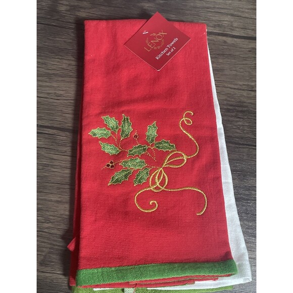 Lenox Other - Lenox Kitchen Hand Towels Set oF TWO 16 X 26” Winter Greetings Holly Xmas New